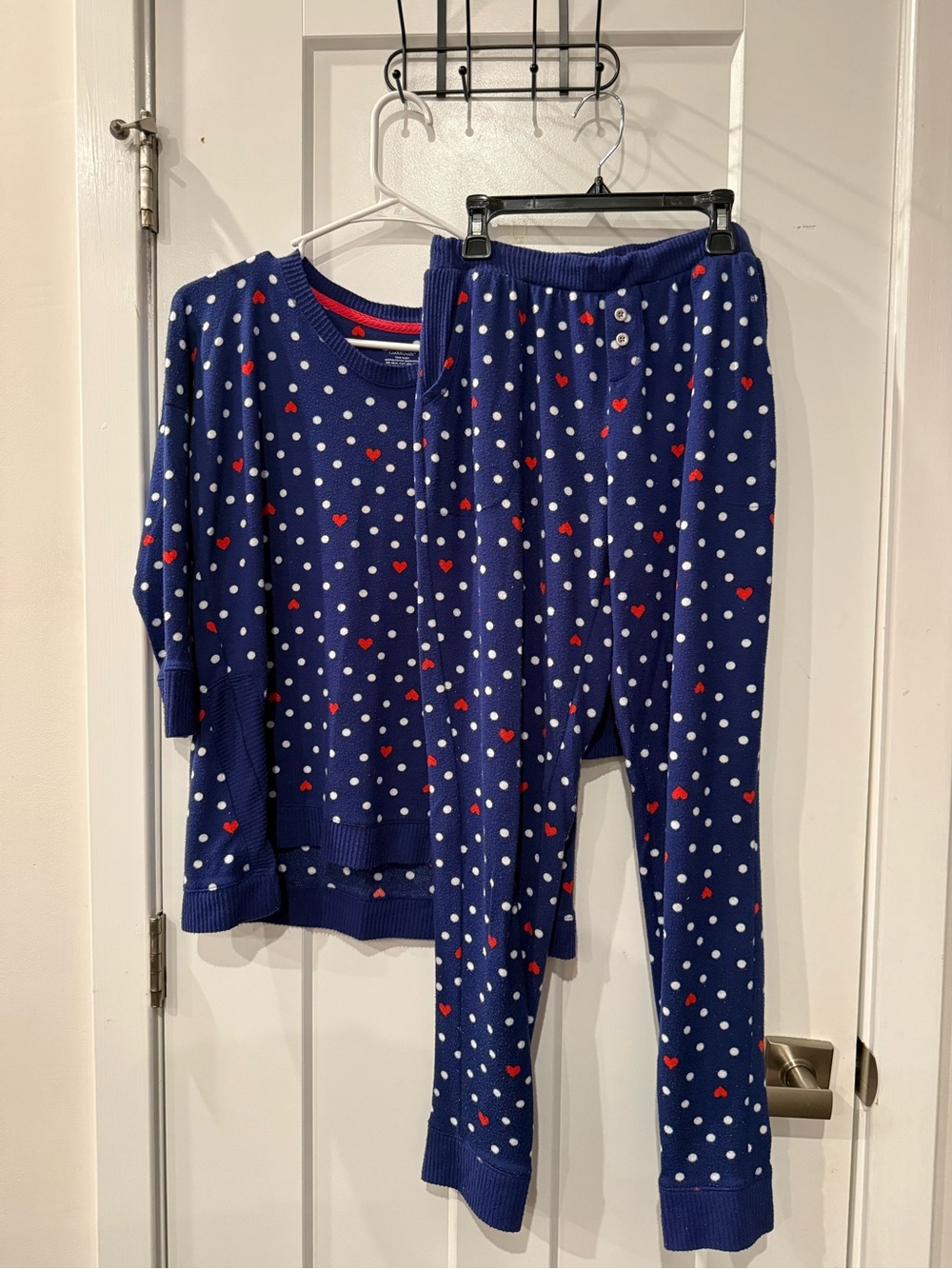 Cuddl Duds Navy PJ Set with Red Hearts and White Dots